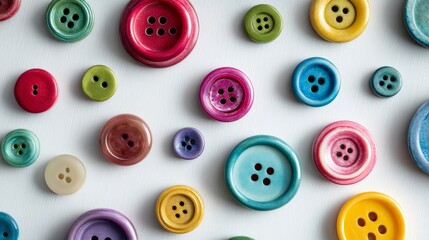 Fototapeta premium Multicolored sewing buttons scattered across a white backdrop from a top view