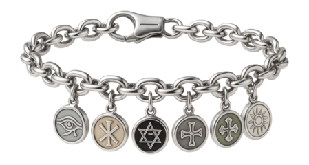Silver charm bracelet with engraved protective symbols and lobster clasp