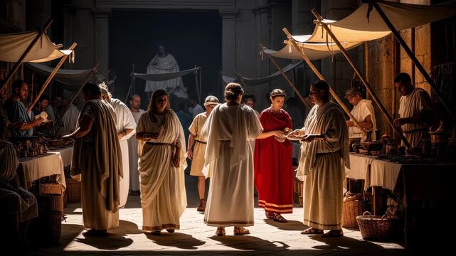 Ancient Middle Eastern marketplace scene with people in robes and turbans. Historical reenactment of biblical times. Cultural heritage and traditional clothing concept.