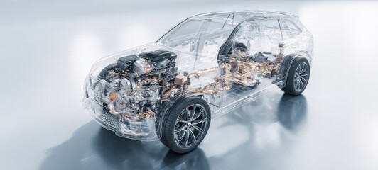 The transparent car showcasing intricate mechanical and engineering design elements.