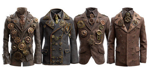 Steampunk fashion: Collection of four vintage style jackets adorned with gears and cogs, showcasing retrofuturistic clothing and alternative fashion trends