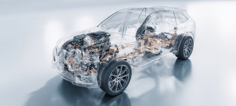 The transparent car showcasing intricate mechanical and engineering design elements.