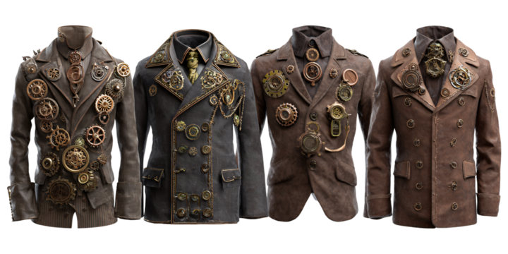 Steampunk fashion: Collection of four vintage style jackets adorned with gears and cogs, showcasing retrofuturistic clothing and alternative fashion trends