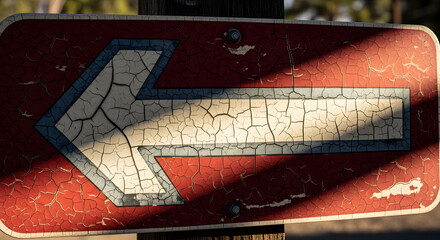 Weathered Arrow Sign Pointing Left With Cracked Paint Surface Indicating Direction