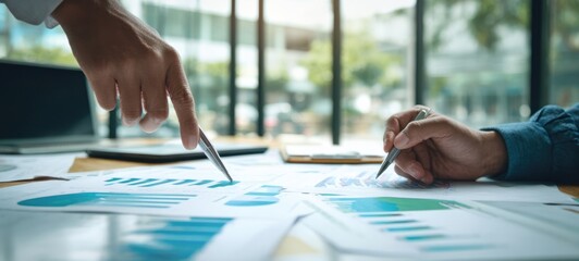 The collaborative analysis of business data with hands pointing at reports.