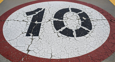Weathered asphalt speed restriction indication of ten kilometers per hour road marking