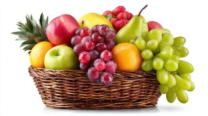 Selection of fresh fruits placed in a wicker basket, isolated against a white backdrop