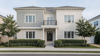 Elegant modern home exterior with stucco walls and stylish balcony showcasing architectural design and curb appeal residential real estate concept