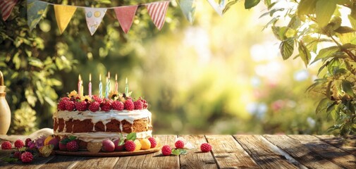 The delightful birthday cake adorned with fresh fruits and colorful candles in a sunny garden.
