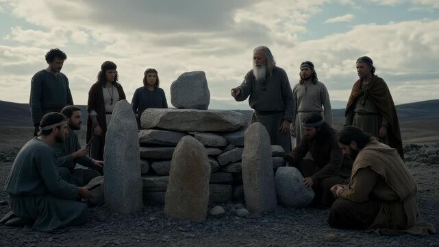 Ancient stone circle gathering: People in historical clothing sit around monolithic structure. Prehistoric ritual reenactment or film scene. Cloudy sky, barren landscape.