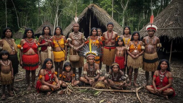 Indigenous Amazonian tribe members posing in traditional attire. Yanomami people of Brazil showcasing cultural heritage. Rainforest community portrait with diverse ages