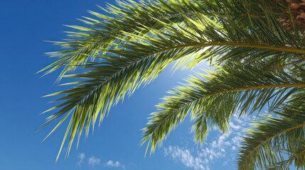 Fototapeta premium Sunny day with palm fronds swaying in a clear blue sky