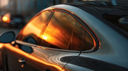 Tinted car window with reflective foil captured in a modern vehicle close-up