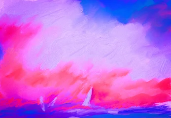 Selbstklebende Fototapeten Pink Impressionistic or Abstract Modern Digital Painting or Seascape of 3 Sailboats under a Vibrantly Colored Sunrise or Sunset in Neon Pink, Purple, Blue, red and Orange w/Paint & Canvas Texture  © DLP INSPIRATIONS