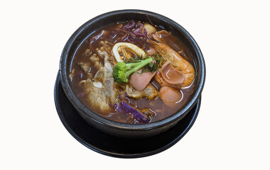 Delicious Seafood and Meat Stew in a Stone Bowl