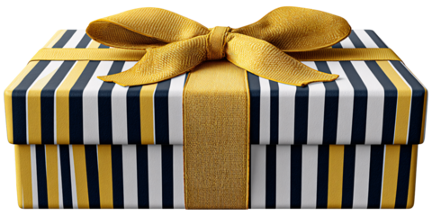 Elegant gift box with gold ribbon and striped wrapping paper for Christmas, birthday, or special occasion Festive present for holiday celebration and surprise