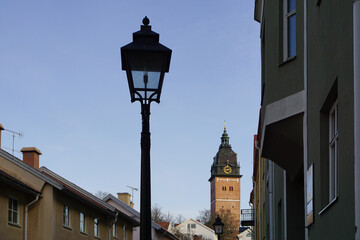 Low angle view of a street lamp in city