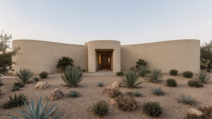 Modern desert home architecture exterior front view with landscaping and curved walls
