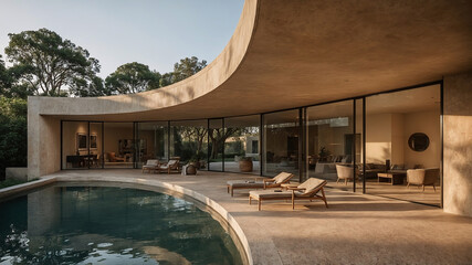 Modern luxury home design featuring poolside lounge area and seamless integration with nature