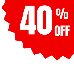 Red jagged tag displaying forty percent off offer