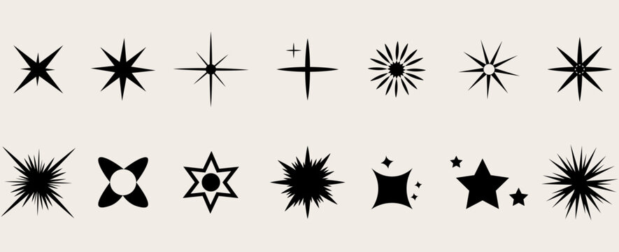 Retro futuristic sparkle icons collection. Set of star shapes. Abstract cool shine effect sign vector design. eps 10