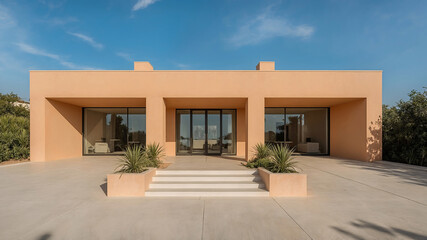 Modern luxury home exterior with clean lines beige exterior design and blue sky in an architectural perspective