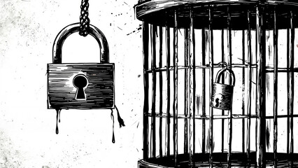 Illustration of locked cage with padlocks, symbolizing confinement and entrapment, black and white