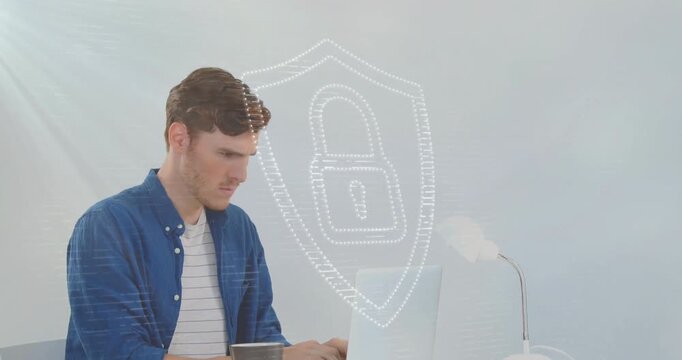 Programmer sliding into view activating shield pulsing while typing secure code on silver laptop