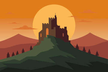 Obraz premium Old Castle Ruins on a Hilltop at Sunrise