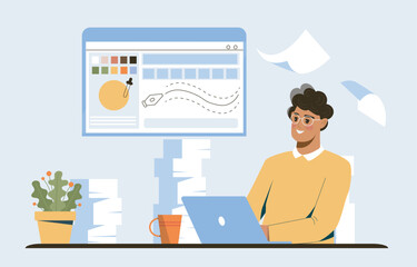 Designer working on graphic interface. Vector illustration