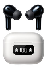 Wireless TWS earbuds with a charging case that includes a digital battery display