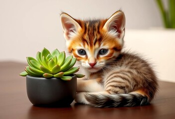 Adorable kitten nestled beside a small succulent on a minimalist table,  plants,   photography