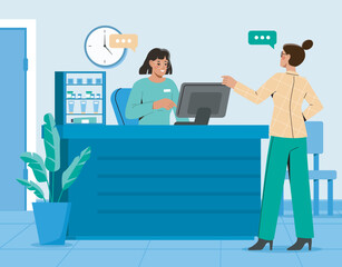 Reception desk interaction scene. Vector illustration