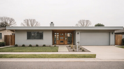 Modern single story house exterior front view with wooden door and garage on a cloudy day