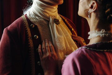 Caucasian young adult man and Caucasian young adult woman wearing Baroque or Renaissance period...