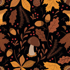 Fall Seamless Pattern. Autumn Background. Autumn Leaves, Mushrooms, Berries, Acorns, Chestnut. Maple, Oak, Chestnut Leaves. Vector Illustration in Yellow, Brown, Orange on Black