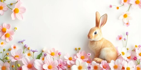 Pastel egg & bunny pattern on spring floral background, ideal for Easter cards, flower, background