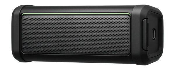Portable battery-powered soundbar with a rugged exterior and USB-C charging port for outdoor use
