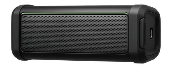 Portable battery-powered soundbar with a rugged exterior and USB-C charging port for outdoor use