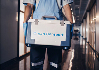A medical  doctor in hospital corridor in a uniform carrying a refrigerator box for organ transportation, the concept of organ preservation and transplantation logistics