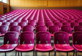 Naklejka premium Rows of empty plastic chairs in a school auditorium, school hall, vacant