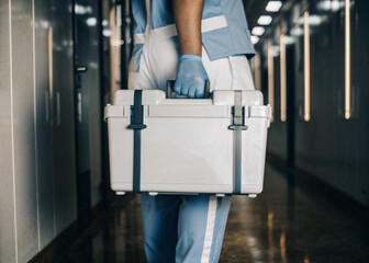 A medical  doctor in hospital corridor in a uniform carrying a refrigerator box for organ transportation, the concept of organ preservation and transplantation logistics