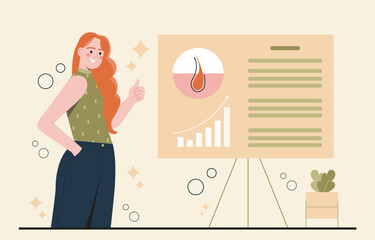 Woman presenting hair care data chart. Vector illustration