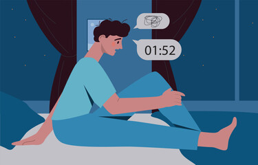 Man suffering insomnia at night. Vector illustration
