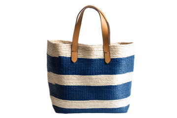 Raffia tote bag in blue and white stripes featuring leather handles, a chic accessory for summer vacations and beach outings.