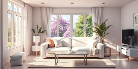 Fototapeta premium Sunlit white sofa in bright living room, anime-inspired aesthetic, cozy, minimalist