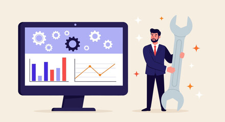 Businessman with a tool for data analysis and system optimization. Concept for technical support and performance metrics.