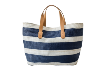 Raffia tote bag in blue and white stripes featuring leather handles, a chic accessory for summer vacations and beach outings.