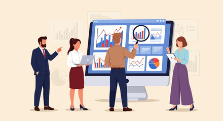 Fototapeta premium Business team analyzing data on a large computer screen with charts and graphs. Concept of teamwork for business strategy and analytics.