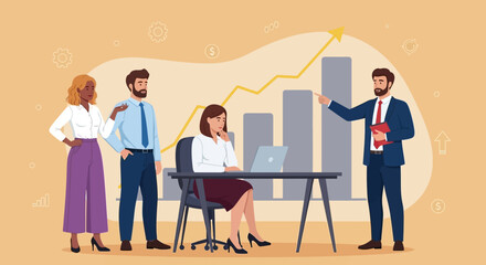 Diverse colleagues presenting positive financial results with a rising graph, showcasing teamwork and corporate success.